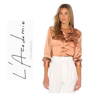 Revolve L'Academie The Germaine Satin Blouse Top in Copper Size L